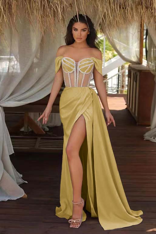 Hidais Champagne Ruffles Mermaid Prom Dress Beadings Split With Off the Shoulder