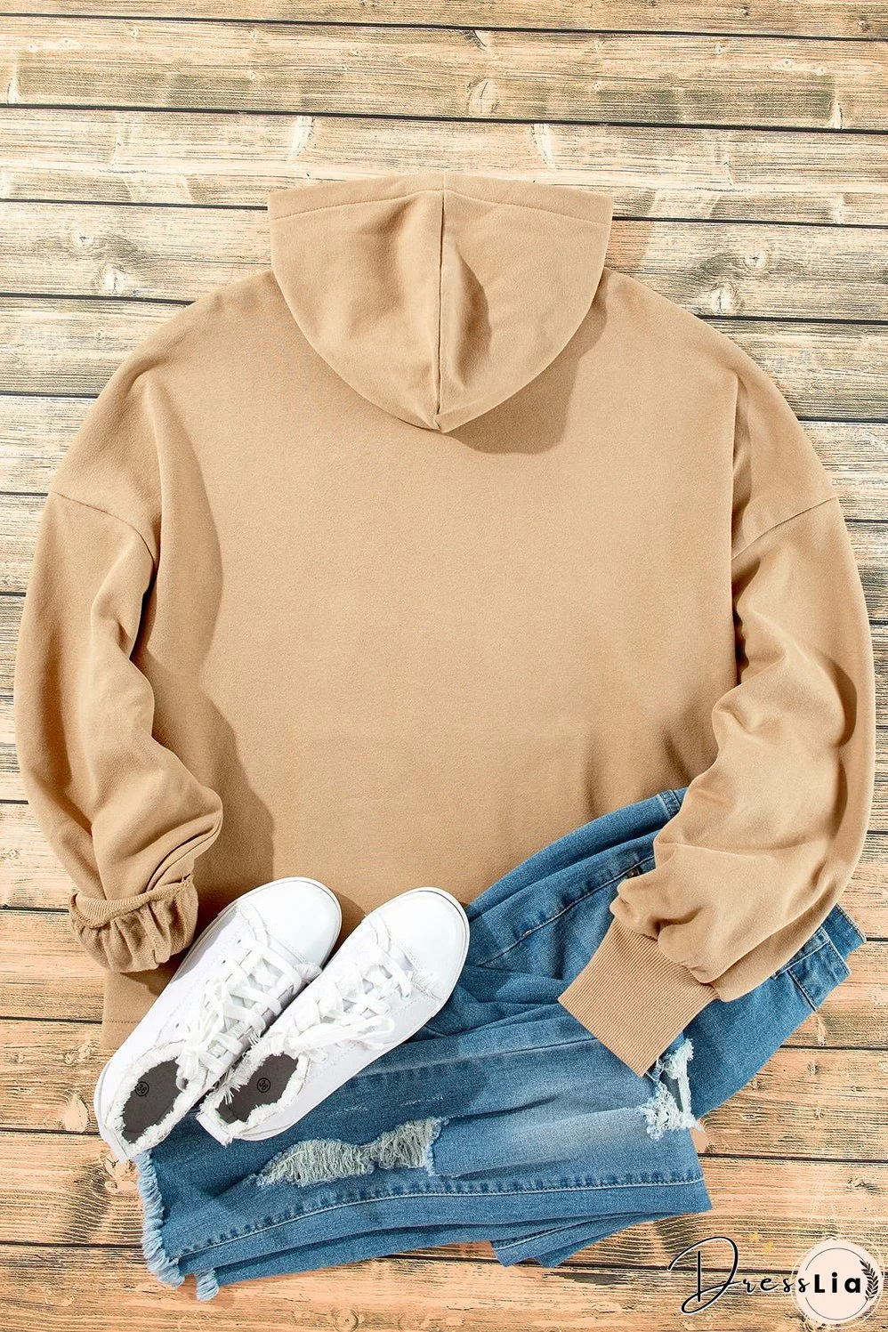 Parchment Fleece Lined Half Zipper Kangaroo Pockets Loose Hoodie