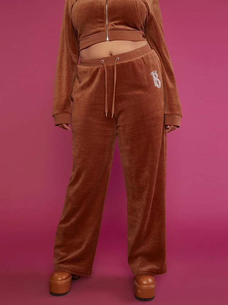 WannaThis Y2K Sexy Letter Diamonds Pants Women High Waist 2021 Fall Lace Up Pockets Casual Elastic Wide Leg Pants Fitness 2021