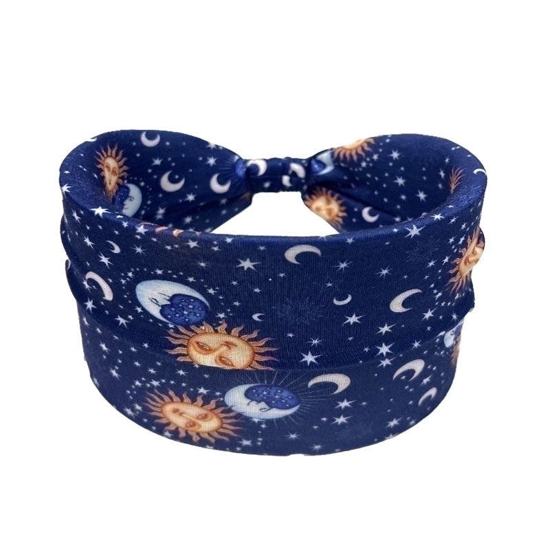 Moon Sun Pattern Printed Wide Side Headband Not Slippery Knotted Hair Band Fashion Female Girl’s Headwear