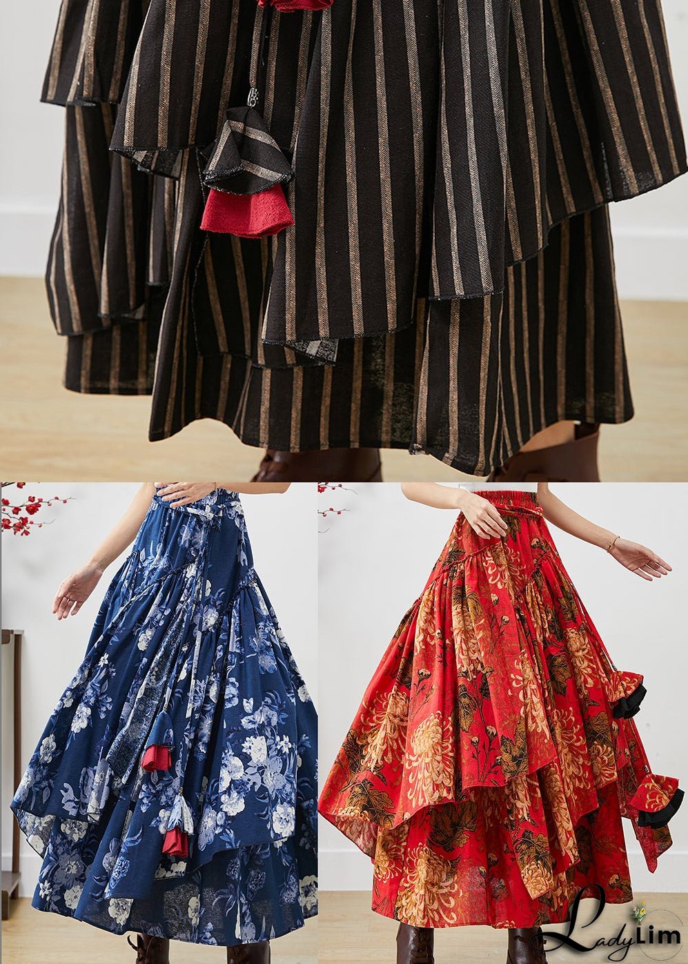 Blue Floral Cotton Skirts Asymmetrical Exra Large Hem Fall