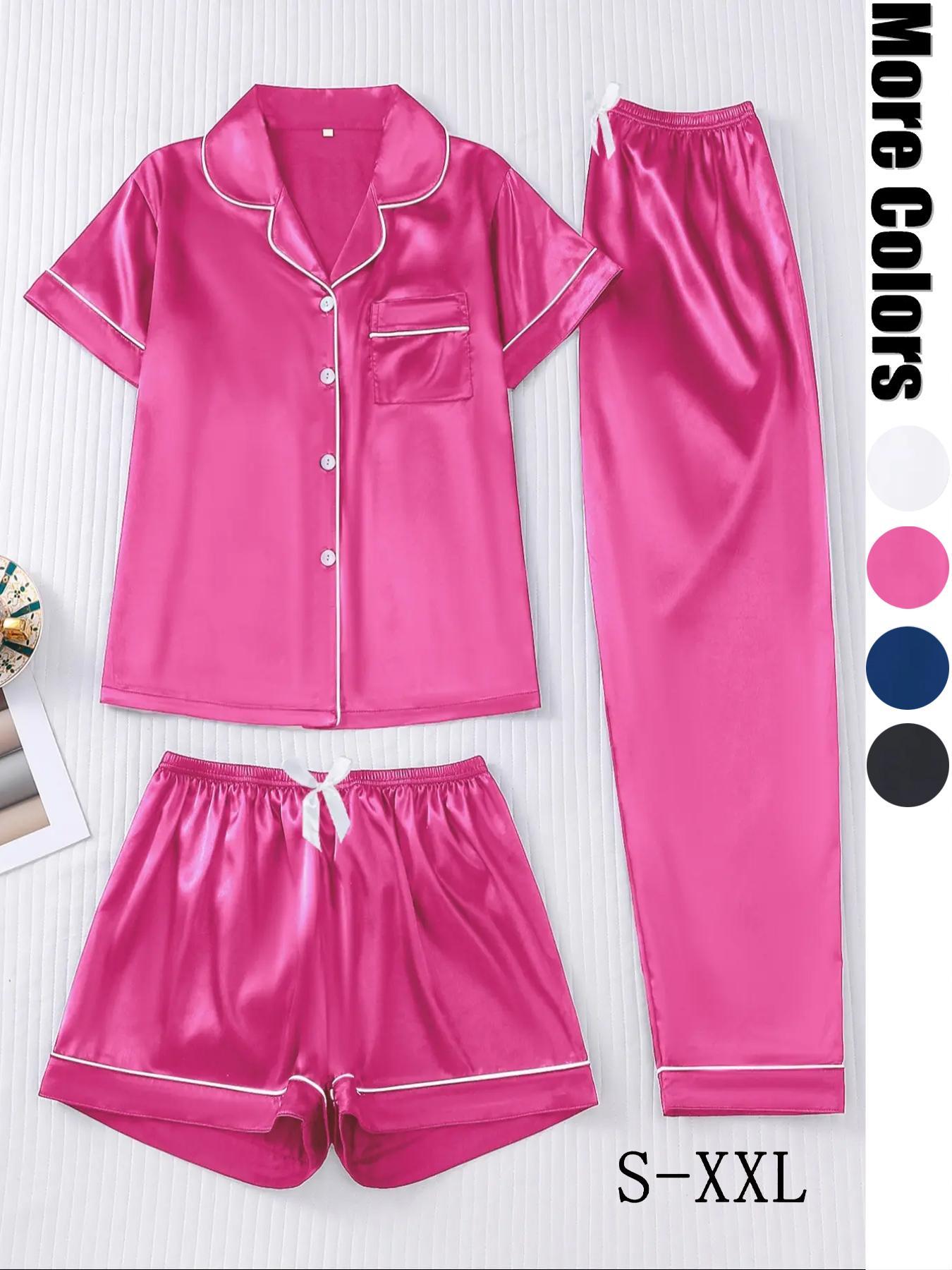 Women's Solid Satin Pyjama Three-piece Set, Elegant Comfy Short Sleeve Lapel Neck Button Up Top & Shorts & Pants PJ Set, Ladies Sleepwear for All Seasons