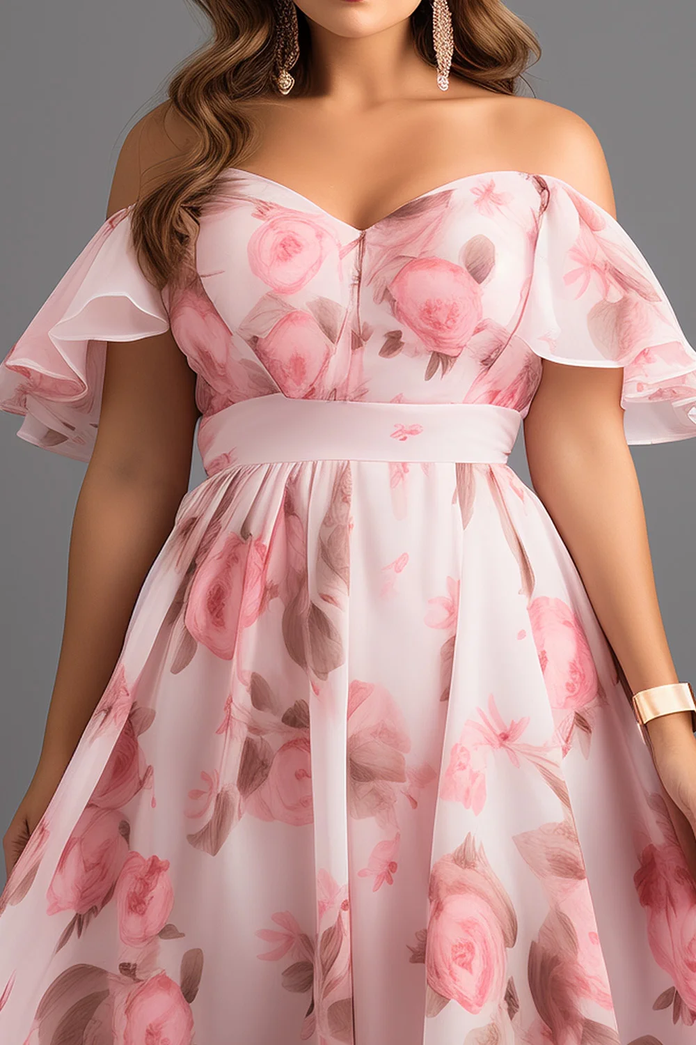 Flycurvy Plus Size Vacation Pink Chiffon Floral Print Off The Shoulder High Low Hem Maxi Dress