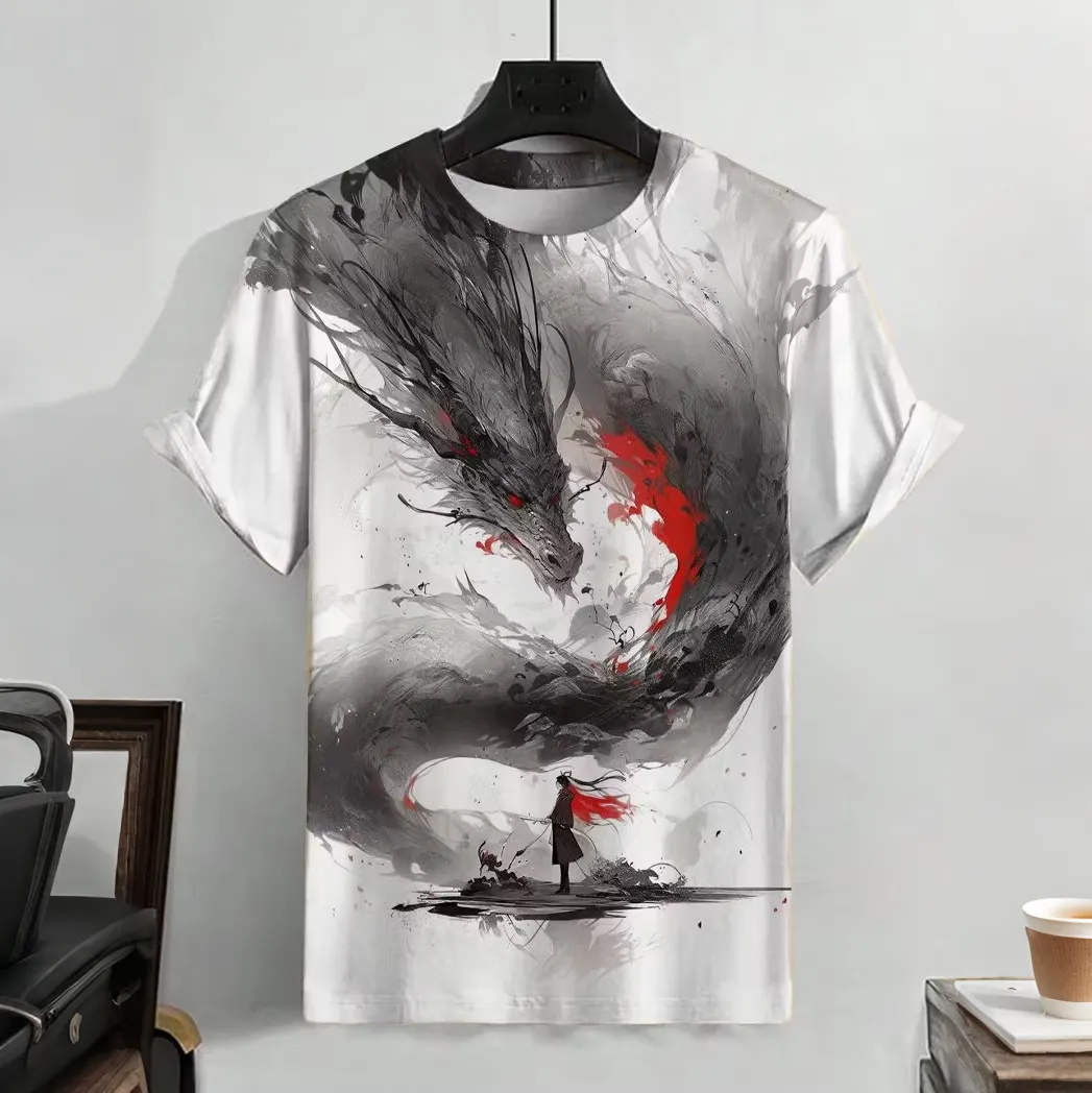 Men's Retro Ink Wash Painting Dragon Art Print T-shirt  artssus