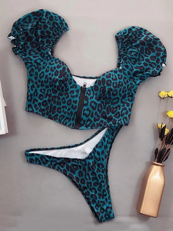 Leopard Print Zipper Short Sleeves Split Bikini Swimsuit