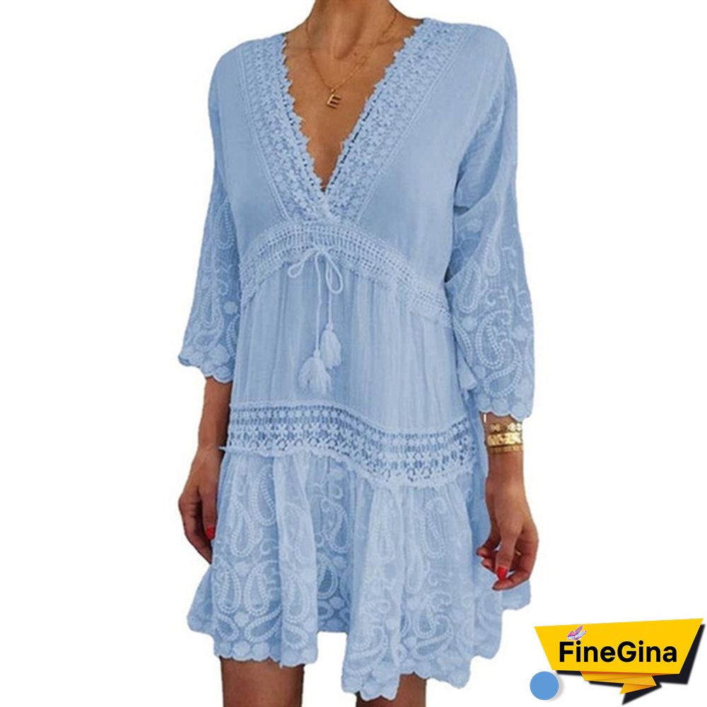 Women Fashion Floral Printed Dress Casual Beach Dress Summer V-neck Lace Dress Sexy Party Dress 3/4 Sleeve Boho Dress