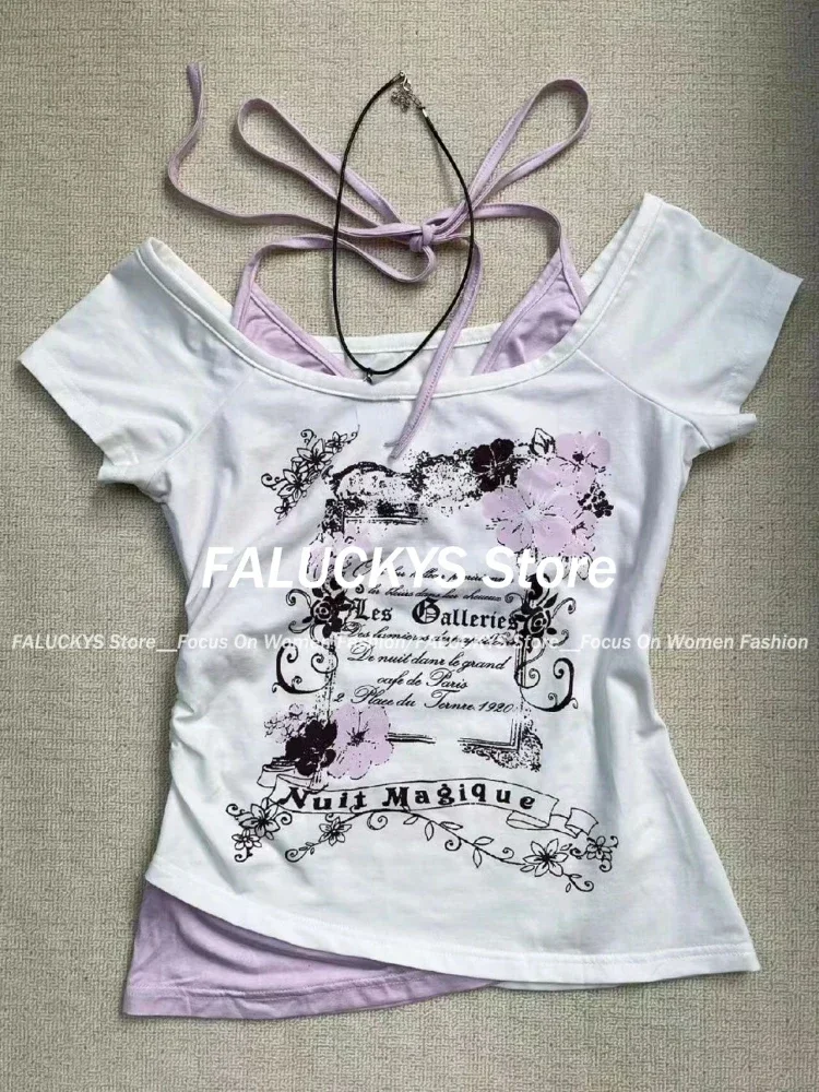 Aonga Summer Retro Purple Halter Fake Two Piece Print T-Shirt Women Y2K Streetwear Hot Girl Slim Fit Harajuku Fashion Casual Tops New aonga