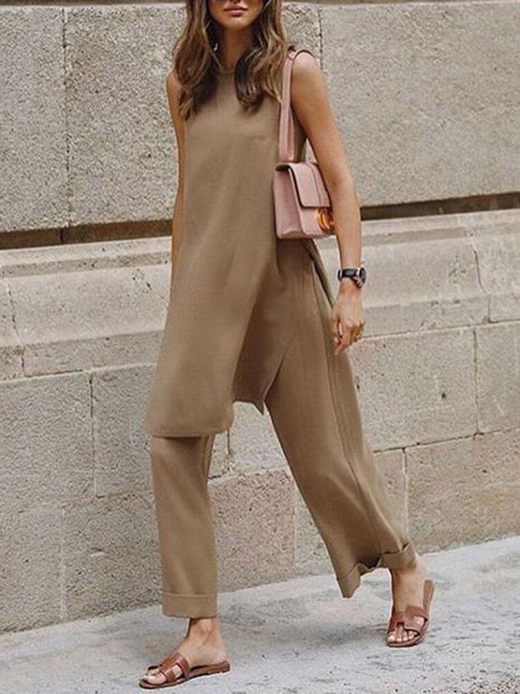 Casual Round Neck Sleeveless Wide-Leg Two-Piece Suit