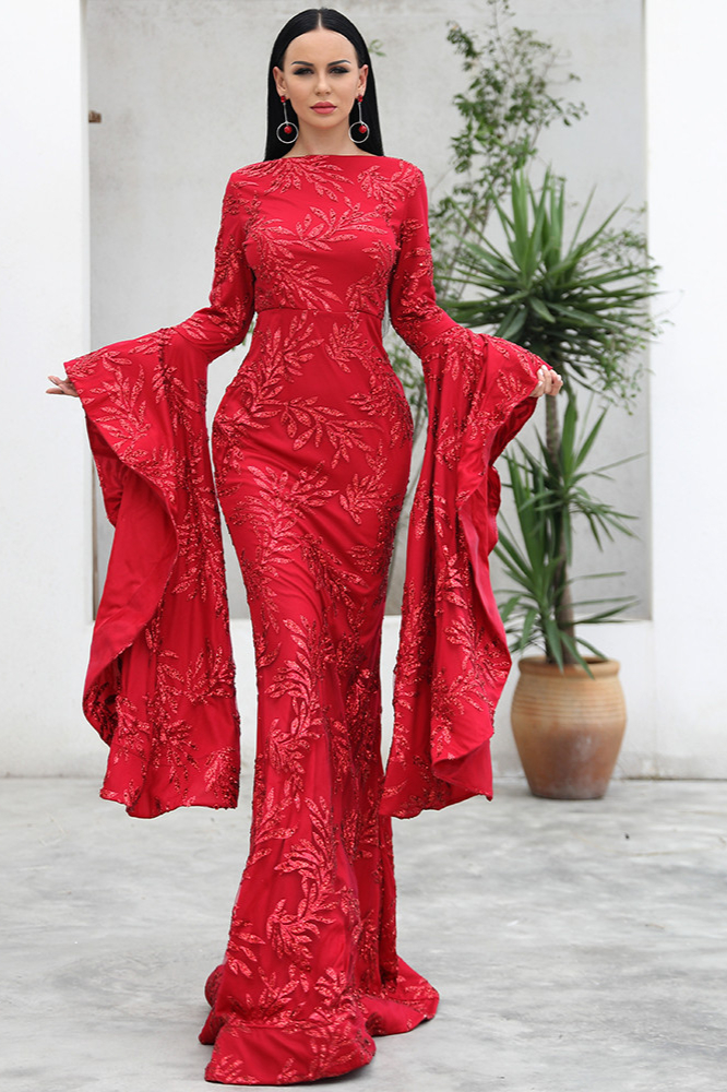 red long sleeve appliques sequins mermaid prom dress