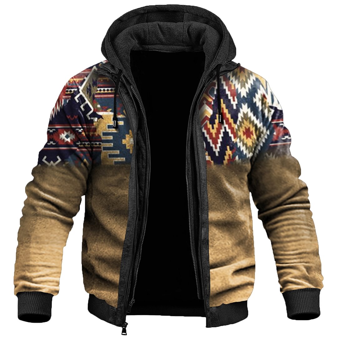 Men's Vintage Outdoor Fleece Ethnic Pattern Stitching Hooded Tactical Jacket