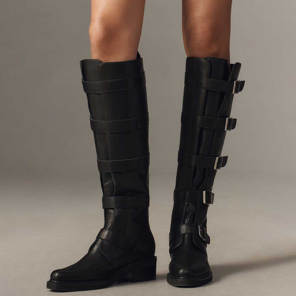 Black Buckle Strappy Block Heel Knee-High Womens Motorcycle Boots Nicepairs