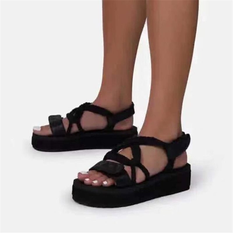 Women Sandals Open Round Toe Outdoor Beach Wedge Flat Platform Thik Bottom Velcro Cross Strap Female Footwear Size 35-43 Autumn