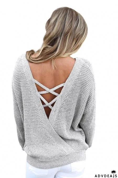 Gray Cross Back Hollow-out Sweater