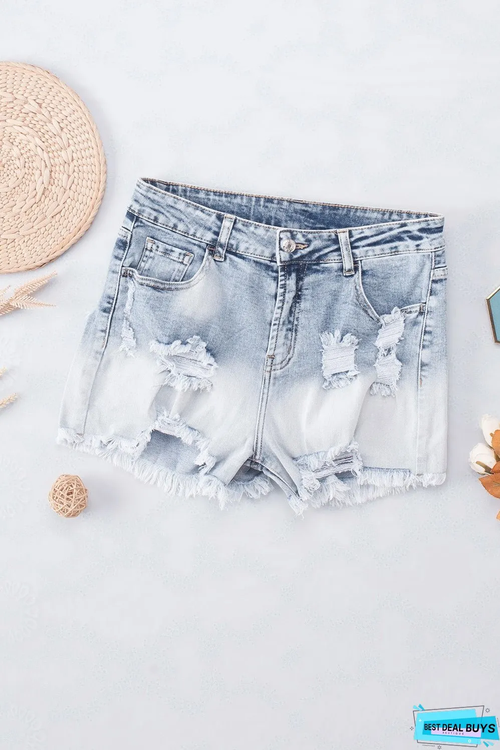 Bleached Wash Distressed Denim Shorts