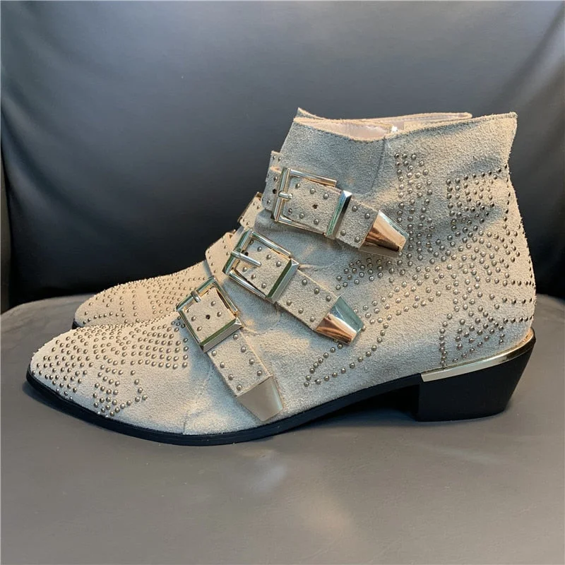 Women's Ankle Boots Rivet Flower Susanna Studded Cowboy Boots High Quality Genuine Leather Luxury Shoes Ladies Botines Mujer