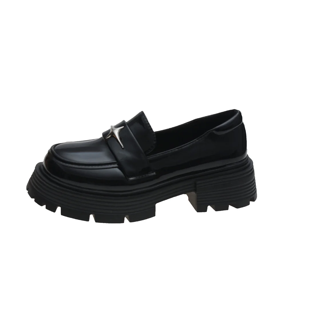 Uveng Uveng Little Leather Shoes Female 2023 New Platform Pine Cake Black Bright Leather With Skirt Jk One Foot Pedal Loafers