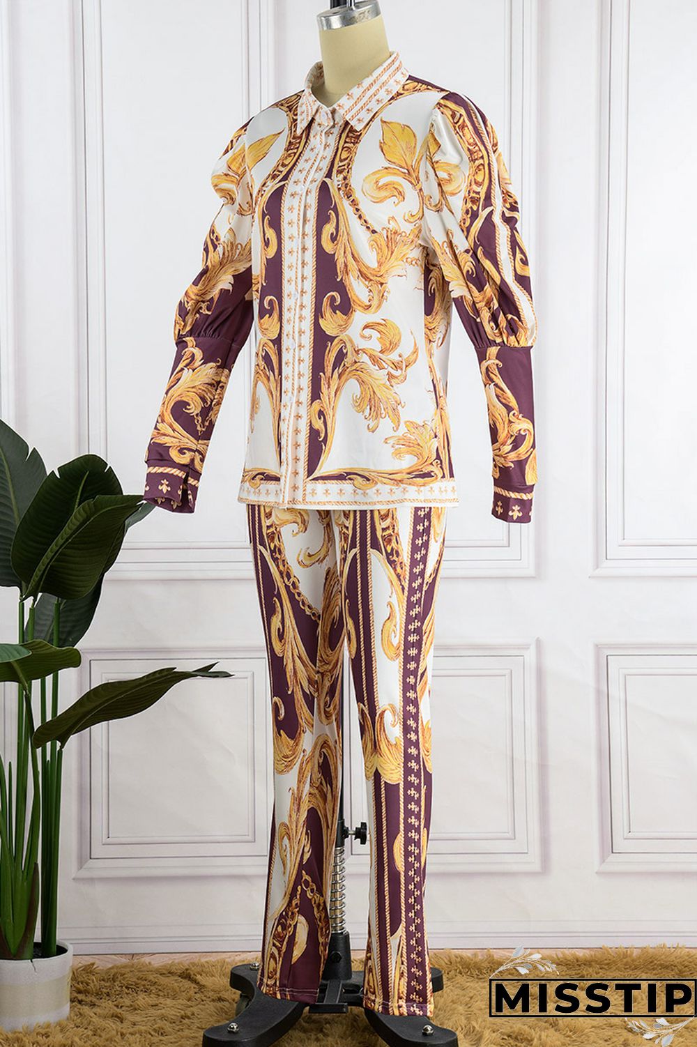 Deep Blue Casual Print Patchwork Turndown Collar Long Sleeve Two Pieces