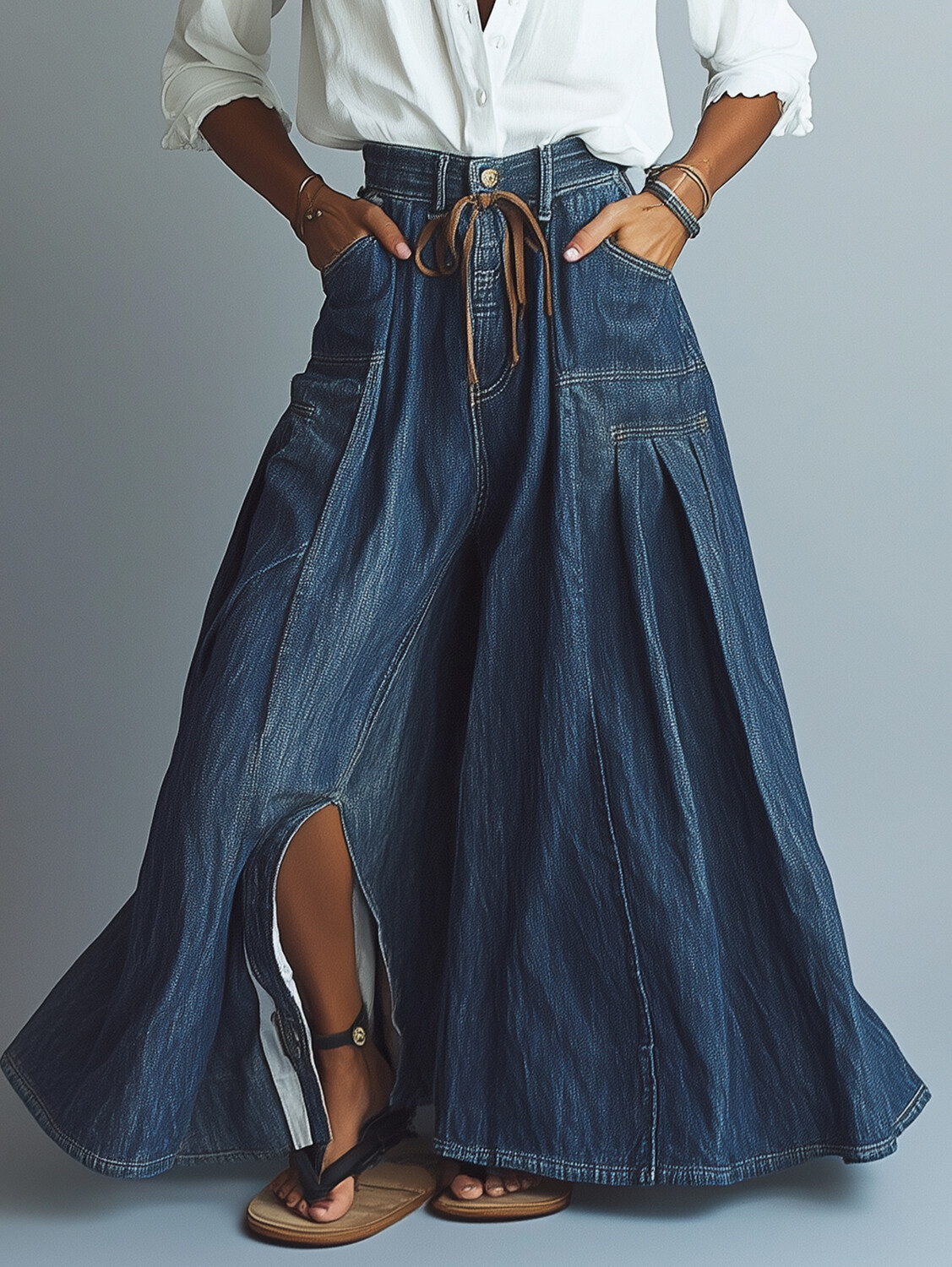 Ursime Denim Pocket Pleated Slit Maxi Skirt