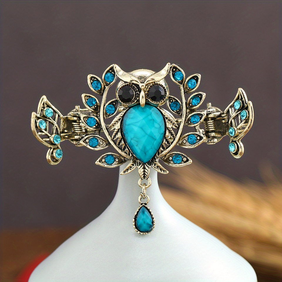 Vintage Alloy Hair Claw Rhinestone Owl Shaped Hair Clip With Tassel Elegant Hair Accessories For Ponytail Holder Women   Hair Clip