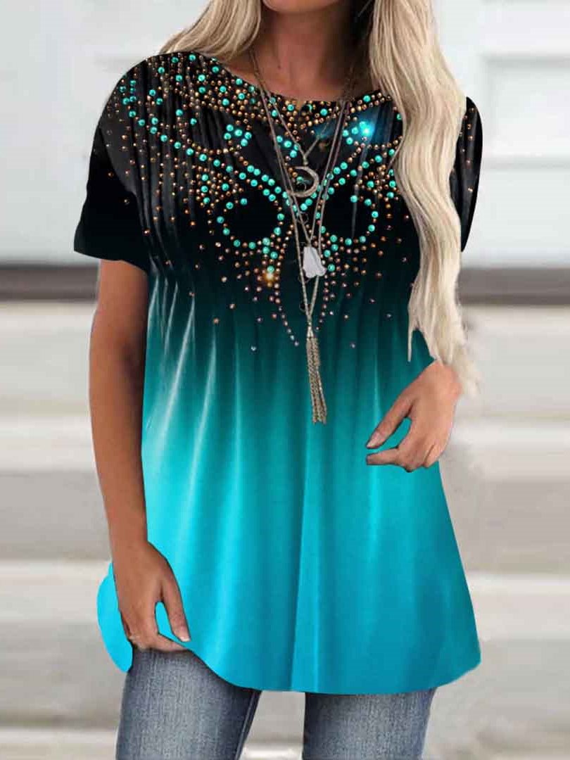 Women Short Sleeve Scoop Neck Graphic Gradient Print Tops