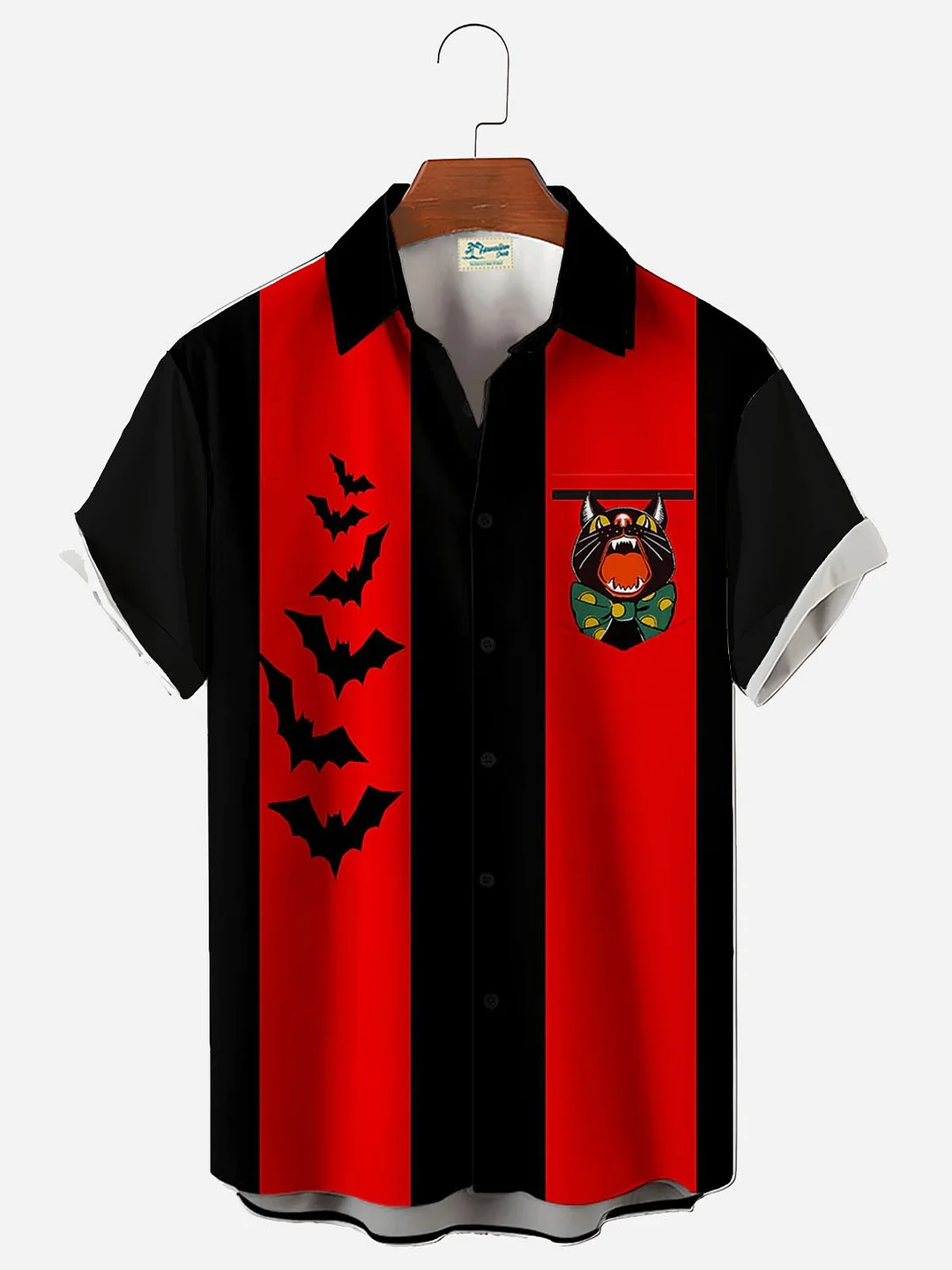 Men's Spoof Mad Cat Bat Halloween Collection Short Sleeve Bowling Shirt
