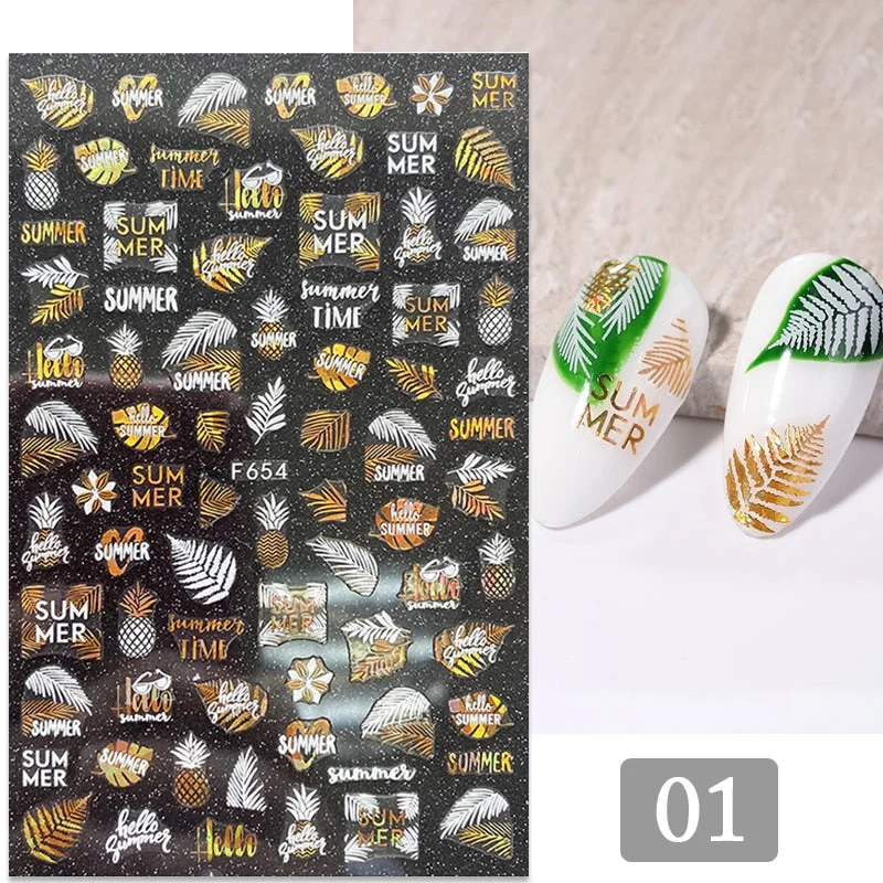 1PC Gold Black Bronzing Leaves Tree 3D Nail Sticker Iridescent Geometrics Lines Adhesive Transfer Sticker DIY Nail Decoration-Nail Inspo