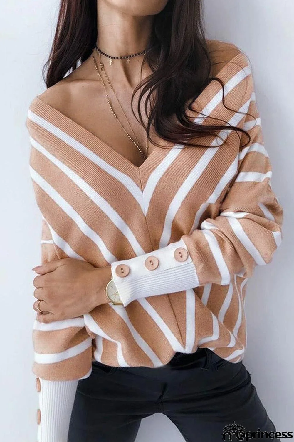 Khaki V Neck Popper Cuff Striped Casual Sweater