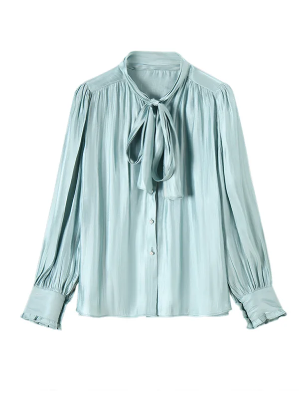 Long Sleeves Roomy Lace-Up Pleated Pure Color Streamer Blouses
