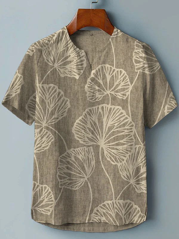 Women's Elegant Gentle Ginkgo Leaf Print V Neck T-Shirt