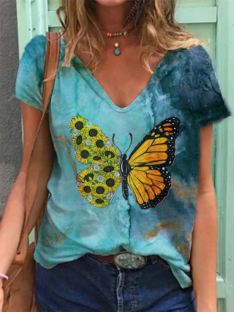 Women Short Sleeve V-neck Printed Gradient Top
