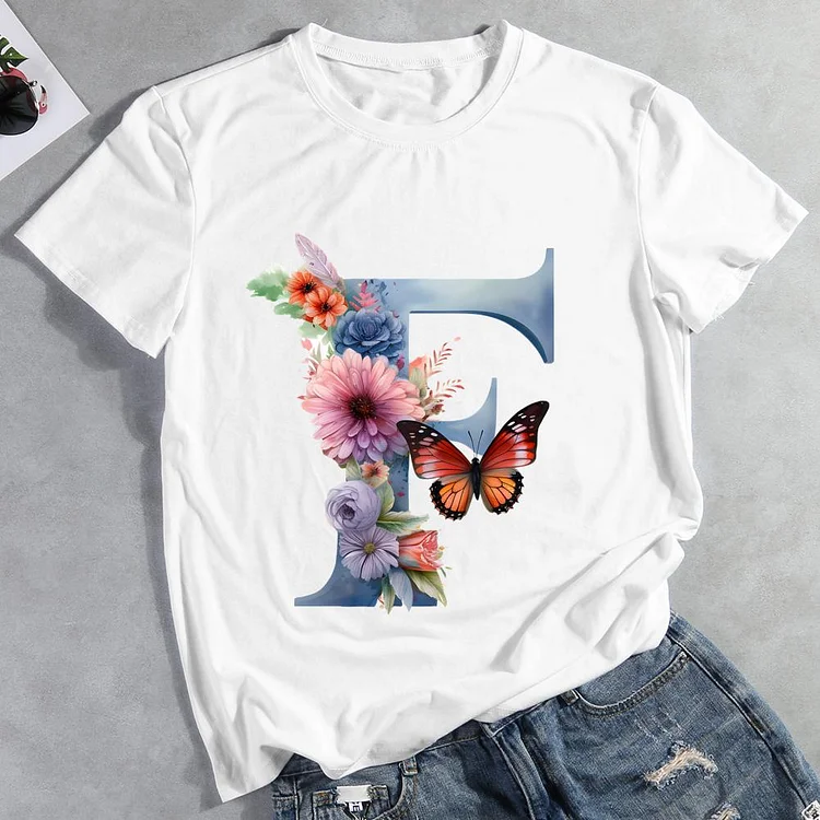 Butterfly Alphabet F Round Neck T-shirt
