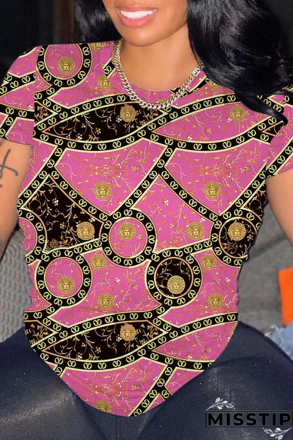 Pink Casual Print Basic O Neck T-Shirts