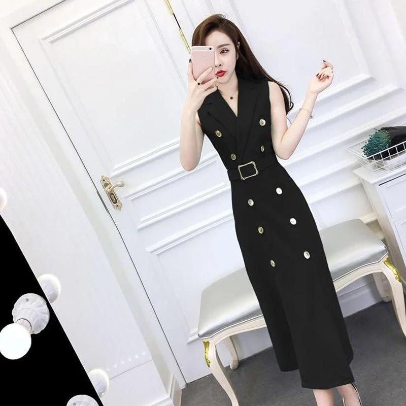 Formal White Women Dress Sleeveless Double Breasted Lapel Female Dresses