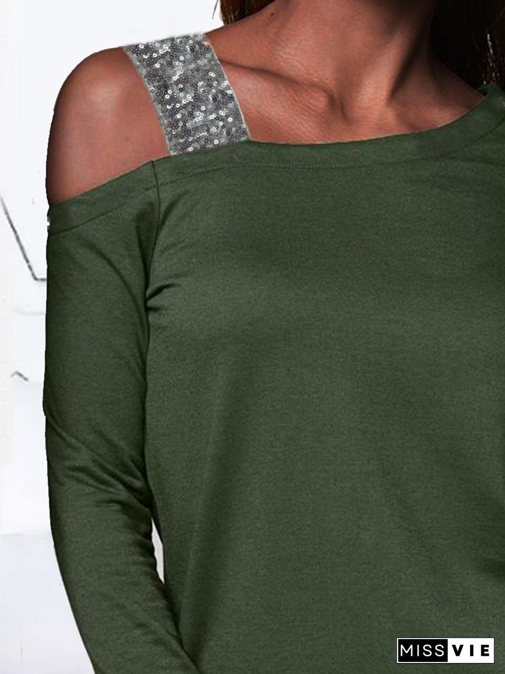Cotton Blends One Shoulder Sequins T-shirt