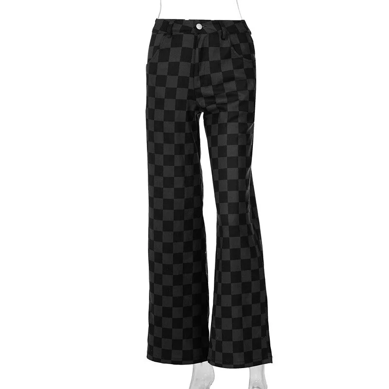 Jangj Cyber Black Plaid Straight Jeans Women Y2k Casual Capri Wide Leg Pants 90s Korean Checkerboard Cargo Trousers Kpop Techwear 2022