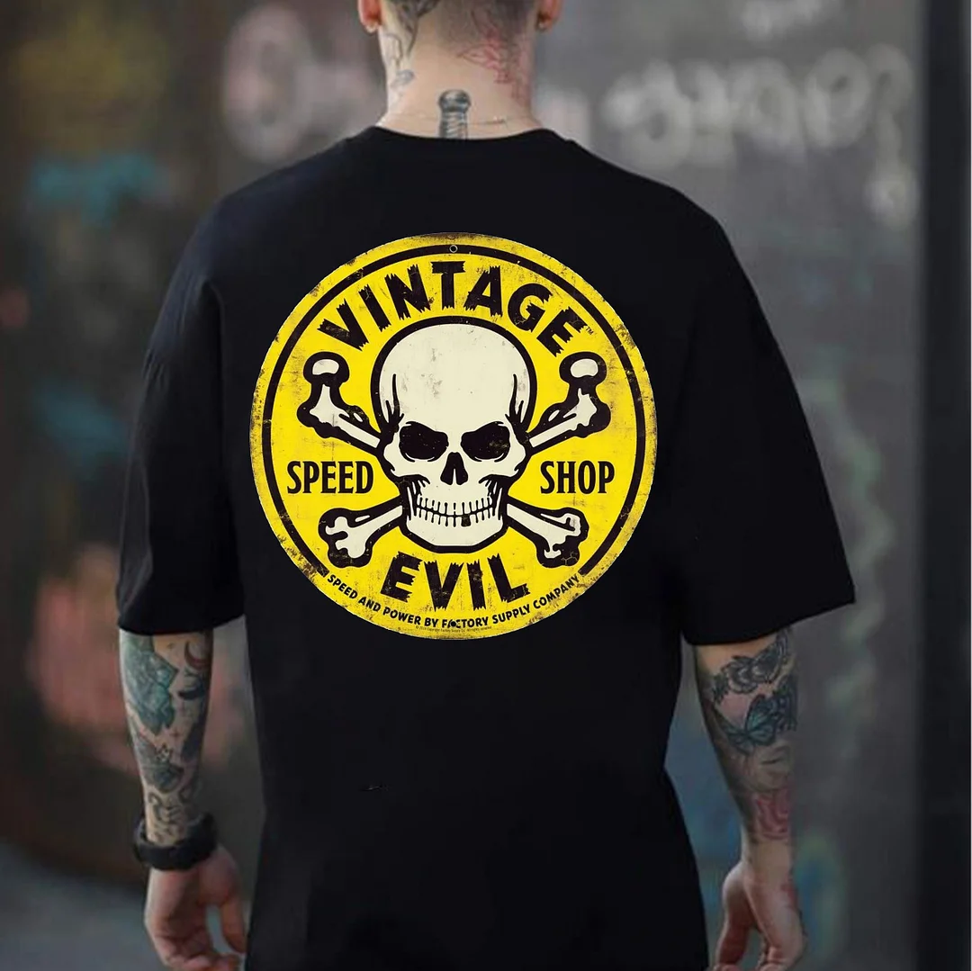 VINTAGE EVIL SPEED SHOP Skull Print Men's T-shirt