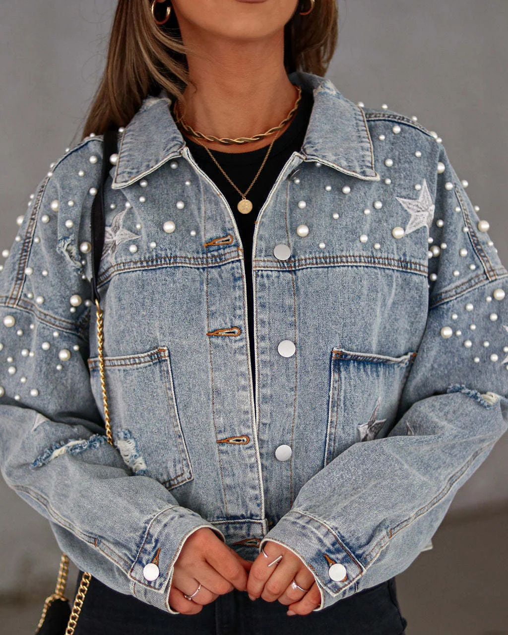 Women's Studded Loose Star Print Denim Jacket