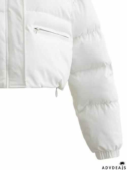 Snap and Zip Closure Drawstring Cropped Winter Coat