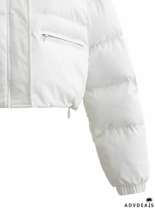 Snap and Zip Closure Drawstring Cropped Winter Coat