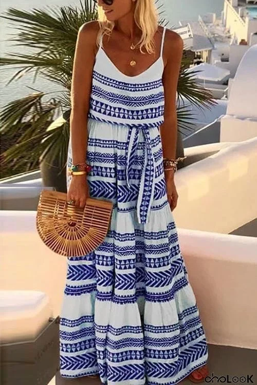 Bohemian Print Tied Waist Maxi Dress