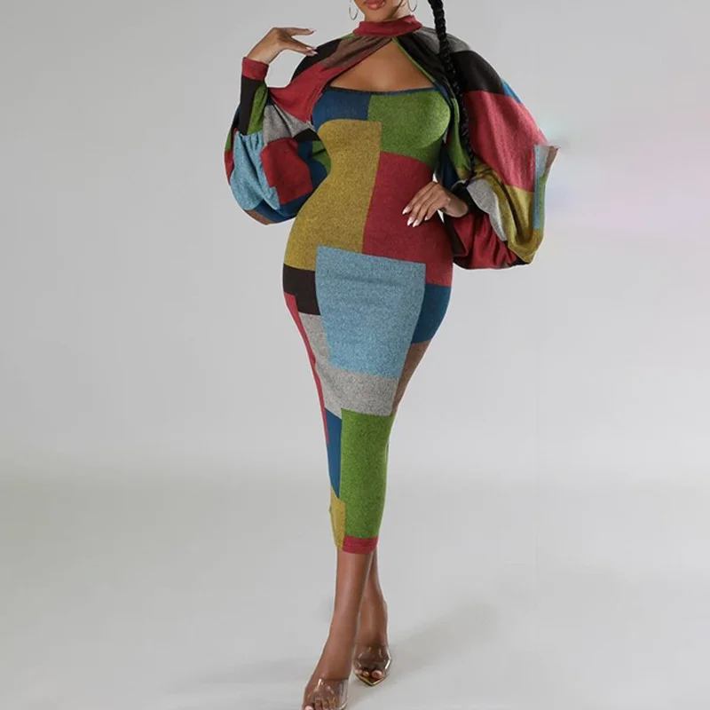 Uveng Uveng New Fashion Splicing Color Print Long-Sleeved Large-Size Dress