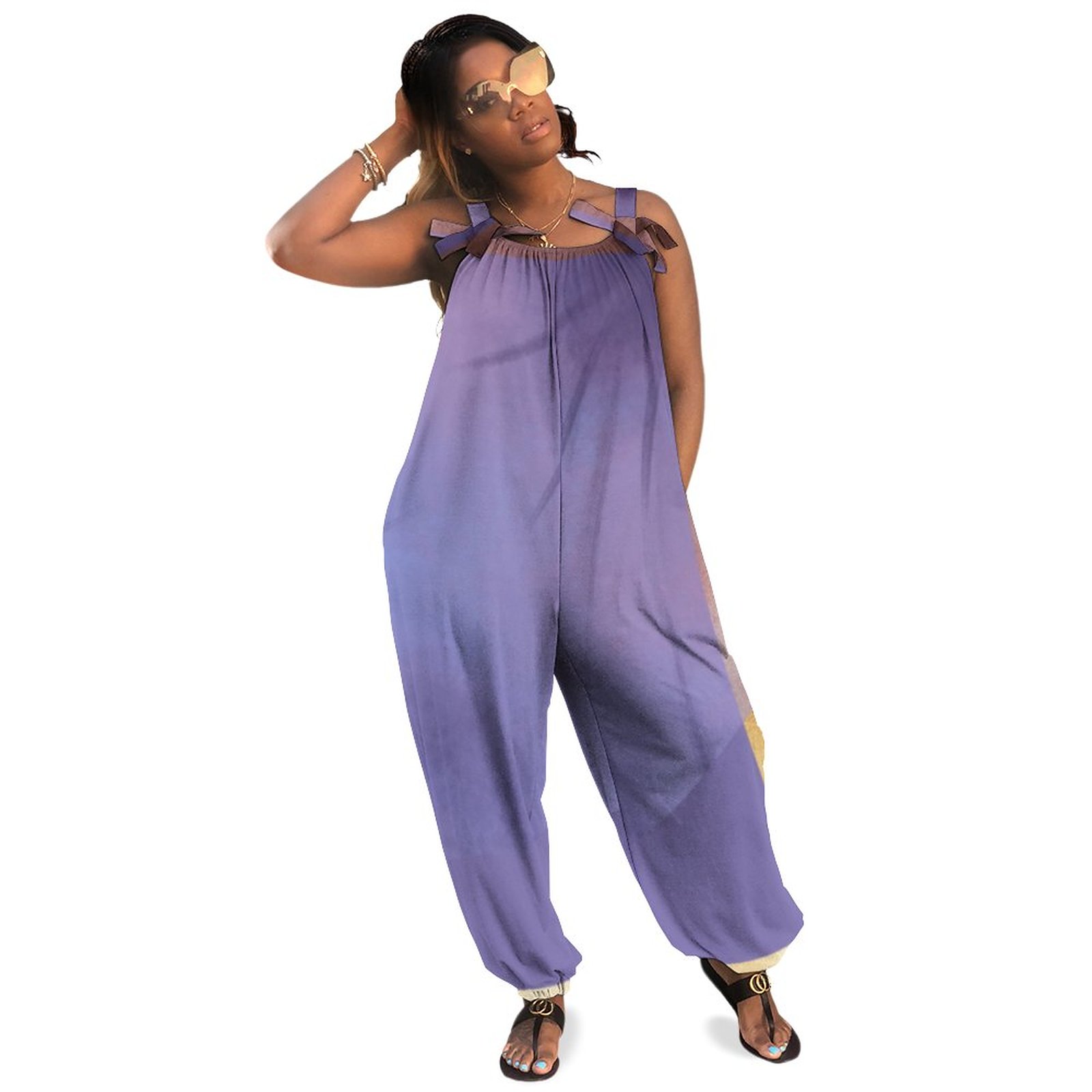 Abstract Gold Violet Floral Plus Size Women Rompers Summer Casual Loose Jumpsuit Transparent Loose Romper Boho Pockets Polyester Spandex