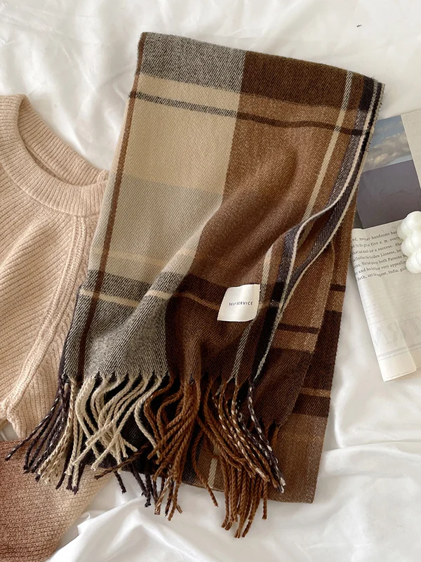 Tasseled Striped Plaid Contrast Color Shawl&Scarf