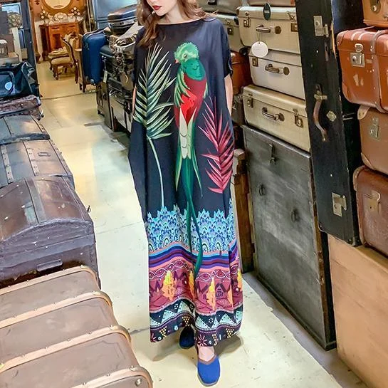 Chic black print Tunics Slash neck Batwing Sleeve A Line summer Dresses