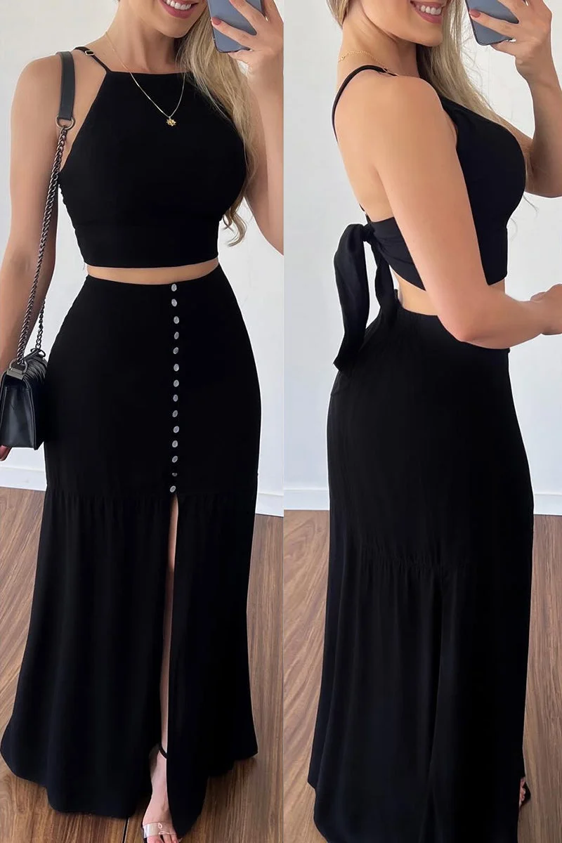 Sexy Casual Solid Bandage Backless Slit Spaghetti Strap Sleeveless Two Pieces