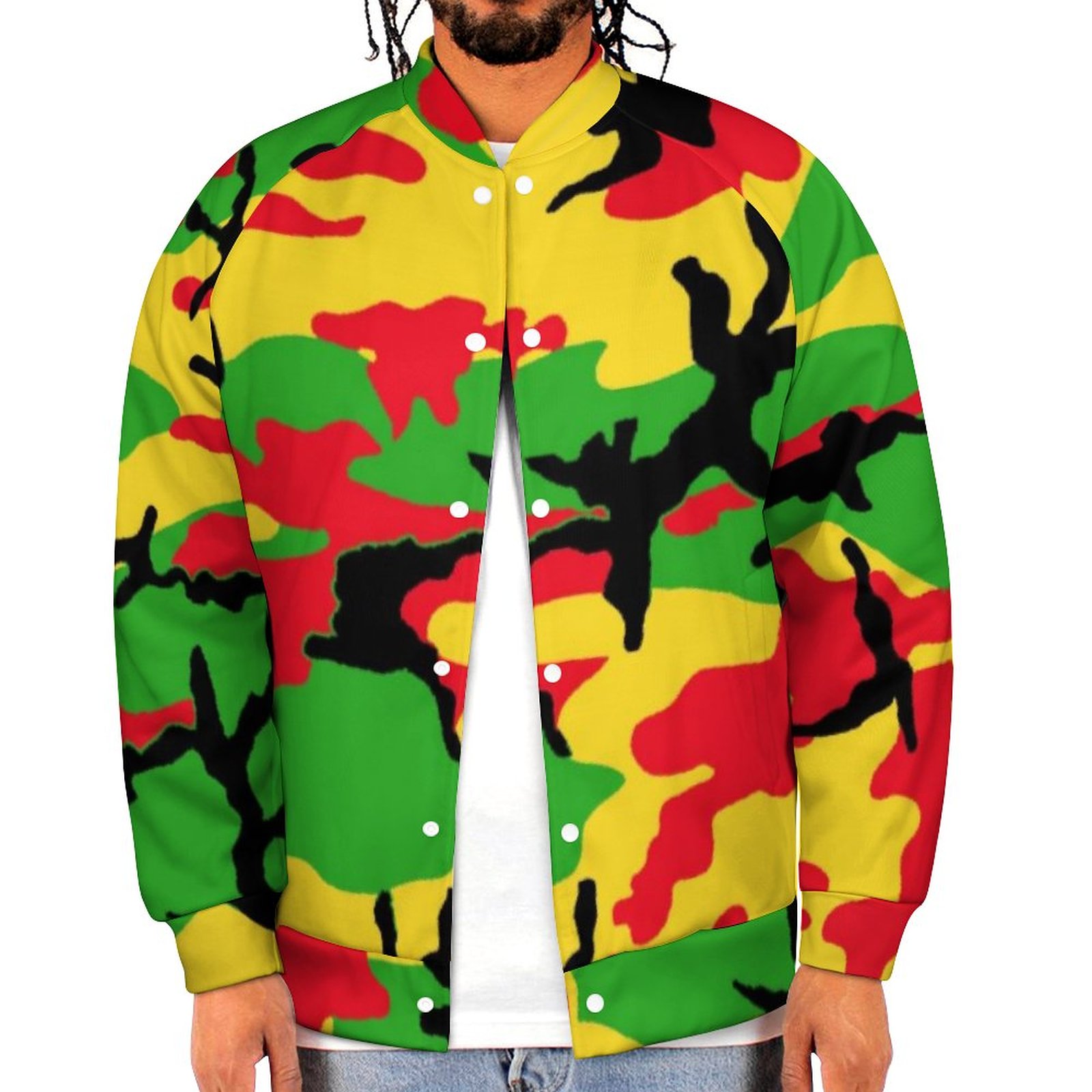 Spring and Fall Rasta Camo Sweatshirt Jacket Mens Casual Lightweight Button Up Bomber Jacket Outwear 2XS-6XL