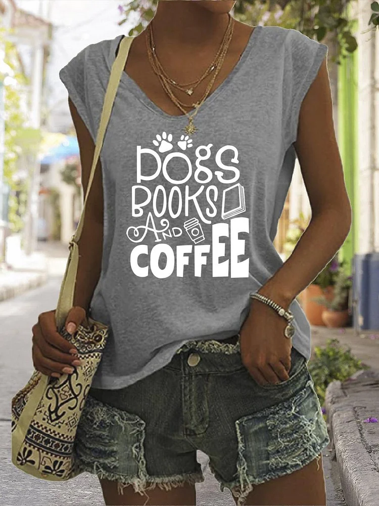 Dogs Books Coffee V Neck T-shirt Tees-03198