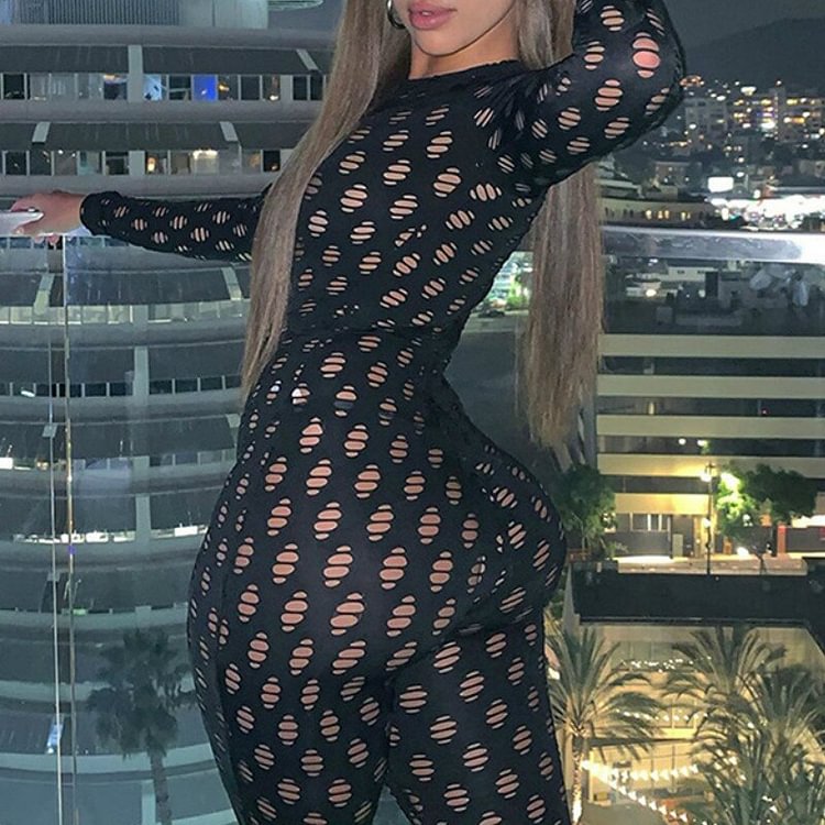 Hollow Out Holes Sexy Zipper See Through Rompers Womens Sets Full Bodycon Autumn Two Piece Sheer Tops Long Pants Fashion0414 - BlackFridayBuys