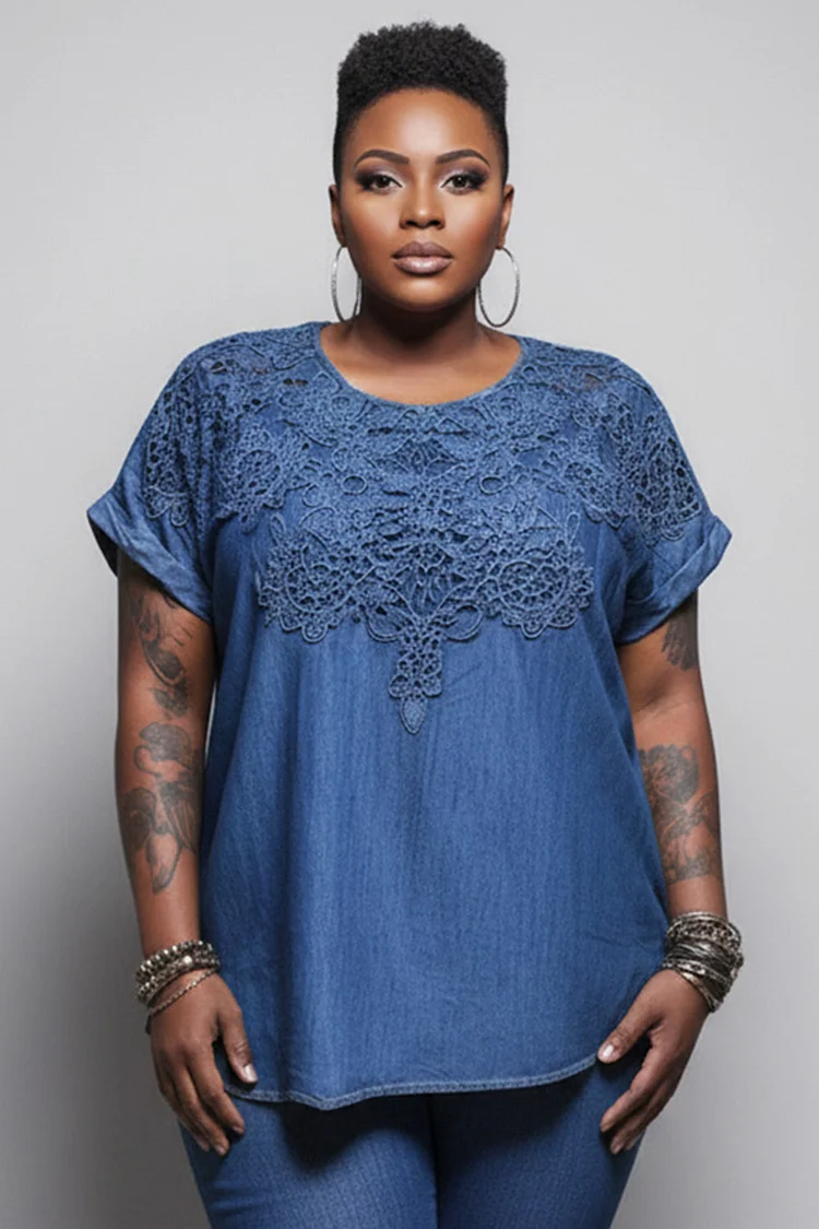 Xpluswear Design Plus Size Business Casual Blue Round Neck Short Sleeve 3D Blouses [Pre-Order] 2024 - Xpluswear