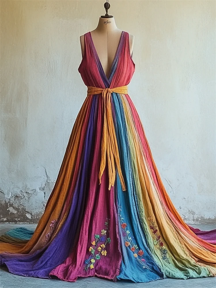 Floral Embroidered Rainbow Dyed Linen Maxi Dress